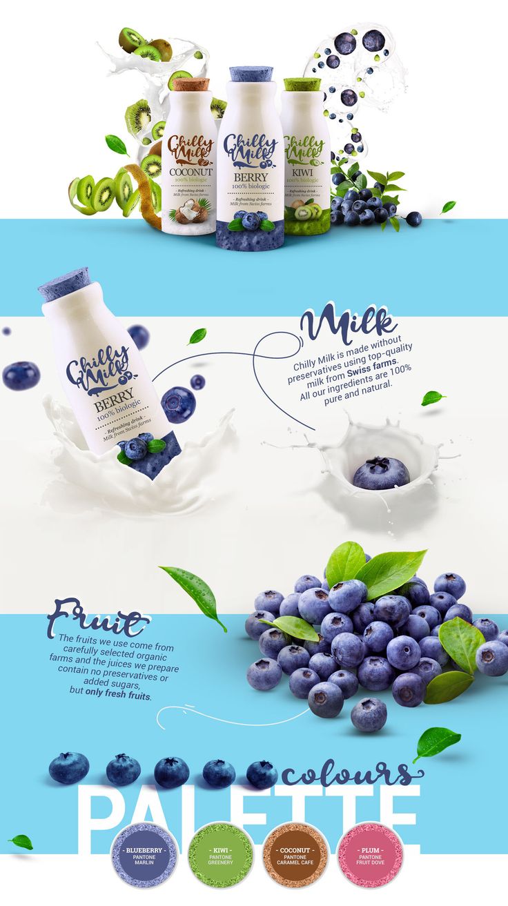 an advertisement with blueberries and milk on it