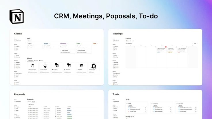 the crm meetings, popsals, and to - do list is displayed in three different screens