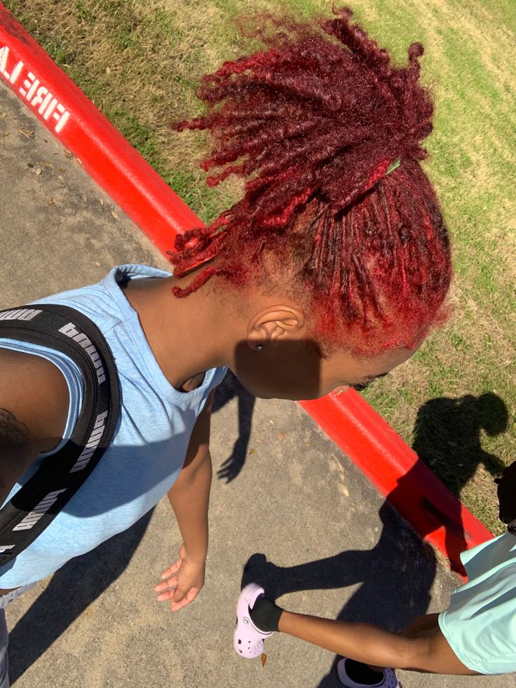 Red Dyed Locs Black Women, Dyed Locs Black Women Natural Hair, Crimson Red Locs, Burgundy Starter Locs, Color Combos For Locs, Red Starter Locs Black Women, Dyed Starter Locs Black Women, Red And Blonde Locs Black Women, Burgandy Locs On Black Women