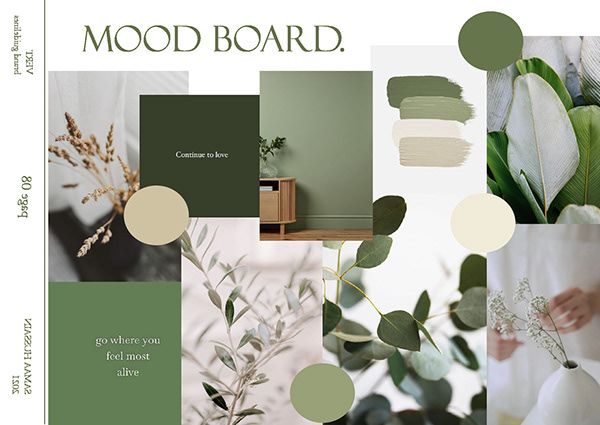 the mood board is filled with green and neutrals, including white flowers, greenery,