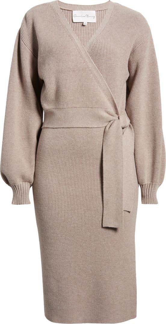 Charles Henry Long Sleeve Faux Wrap Sweater Dress | Nordstrom Best Sweater Dress, Classy Sweater Dress, Modest Sweater Dress, Sweater Dress Family Photos, Fall Work Dresses For Women, Western Winter Dress, Winter Brown Belted Dress, Casual Long Sleeve Wrap Dress For Fall, Fitted Knee-length Wrap Dress For Fall