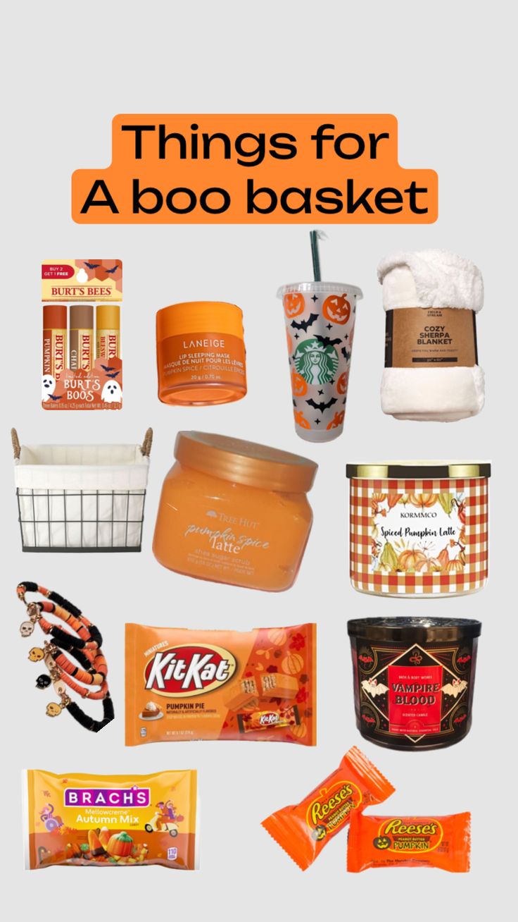 there are many different types of items in the basket and on the table with text overlay that says things for a boo basket