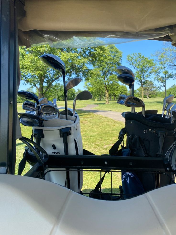 a golf cart with several clubs in the back and two putters on the front