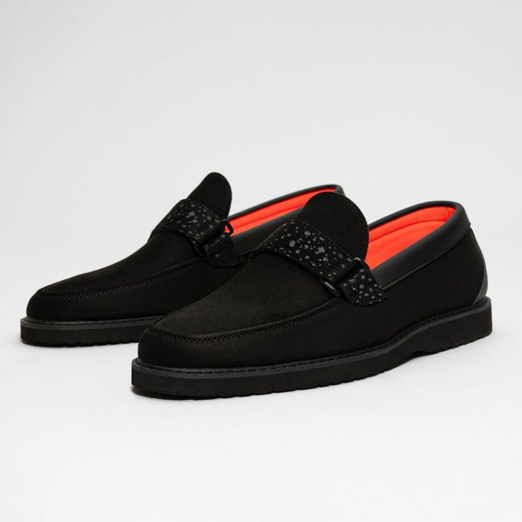 Casual Loafer With Soft Light Weight Foam Sole.. Made With Premium Soft Fiber Upper. Made With Soft Lycra Lining And Removable Soft Eva Insole For Comfort. Toe Shape Round Pattern Solid Closure Lace Up Width Standard Upper Mat Leather Upper Color Black Lining Mat Mesh Lining Color Orange Insole Mat Foam Insole Color Orange Welt Mat Rubber Welt Color Black Sole Mat Foam Sole Color Black Black Textured Sole Slip-ons For Business Casual, Black Suede Slip-on Dress Shoes, Black Slip-on Loafers With Rubber Sole, Black Slip-on Loafers With Textured Sole, Black Slip-on Moccasins With Textured Sole, Black Business Boat Shoes With Rubber Sole, Black Brogue Moccasins For Business Casual, Black Plain Toe Boat Shoes For Business, Black Low-top Loafers With Brogue Detailing