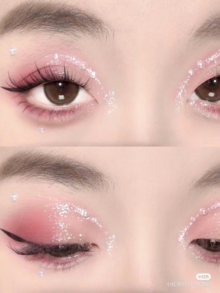 Douyin Eye Makeup, Eye Makeup Inspo, Light Pink Eyeshadow, Pink Glitter Makeup, Quinceanera Makeup, Pink Eye Makeup, Doll Eye Makeup, Kawaii Makeup, Korean Eye Makeup