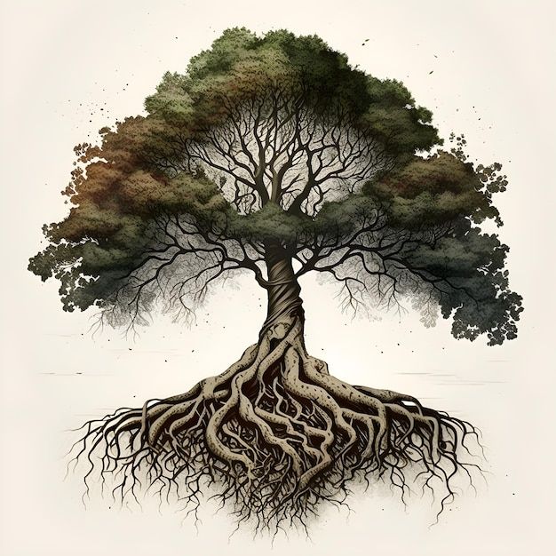 a drawing of a tree with its roots exposed