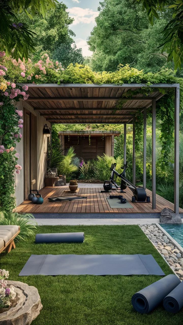 an outdoor gym with yoga mats and exercise equipment in the foreground, surrounded by greenery