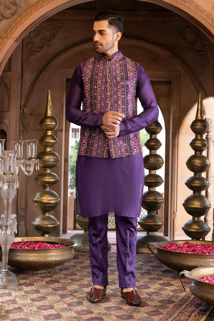 Shop for Chhavvi Aggarwal Purple Crepe Printed Bundi And Kurta Set for Men Online at Aza Fashions Purple Indian Men Dress, Luxury Traditional Men's Wear For Festive Occasions, Luxury Chanderi Bandhgala For Designer Wear, Luxury Traditional Wear For Men With Stand Collar, Luxury Bandhgala With Mandarin Collar For Navratri, Luxury Purple Sherwani For Eid, Luxury Multicolor Nehru Jacket For Wedding, Luxury Bandhgala Straight Kurta For Puja, Luxury Stand Collar Kurta For Ceremonial Occasions