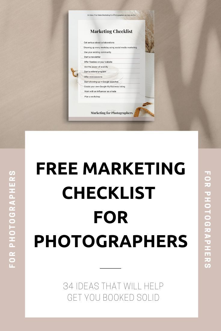 a white sheet with the words free marketing checklist for photographers on it and an image of