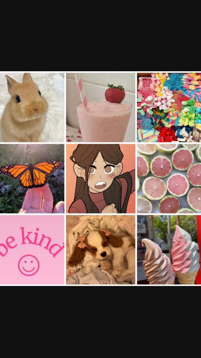 a collage of pictures with different animals and food items in them, including strawberries