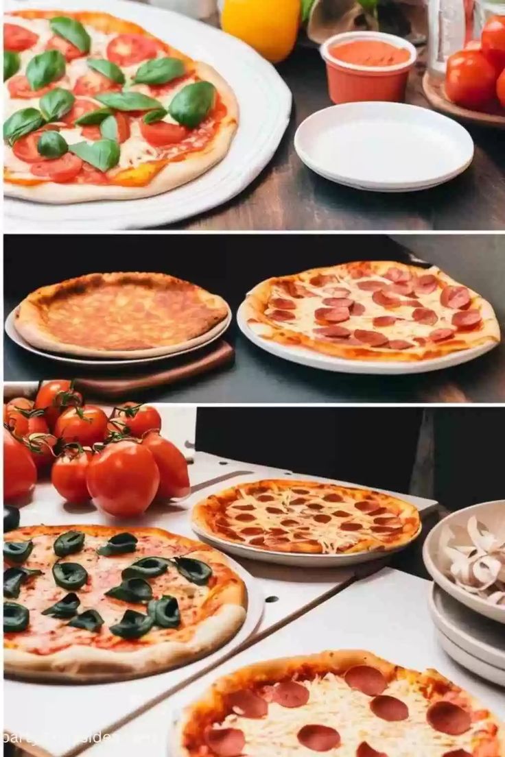 several different types of pizzas sitting on top of a table next to each other