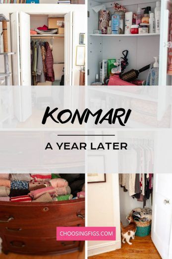 an open closet with clothes and other items in the bottom right corner, below it is text that reads kommari a year later