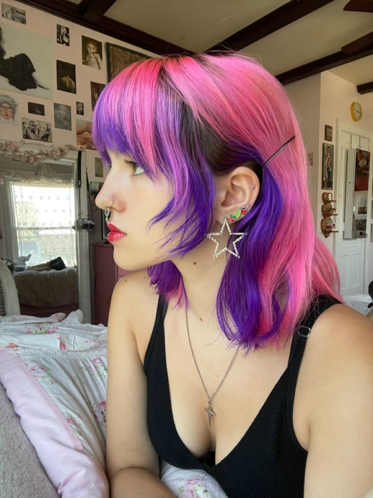 Unique Short Hair Color, Pink Hair With Purple Underneath, Pink And Purple Scene Hair, Cute Colored Hair Ideas, Half Purple Half Red Hair, Purple Hair Pink Bangs, Pink And Purple Dyed Hair, Funky Hair Colours For Short Hair, Black Pink Purple Hair