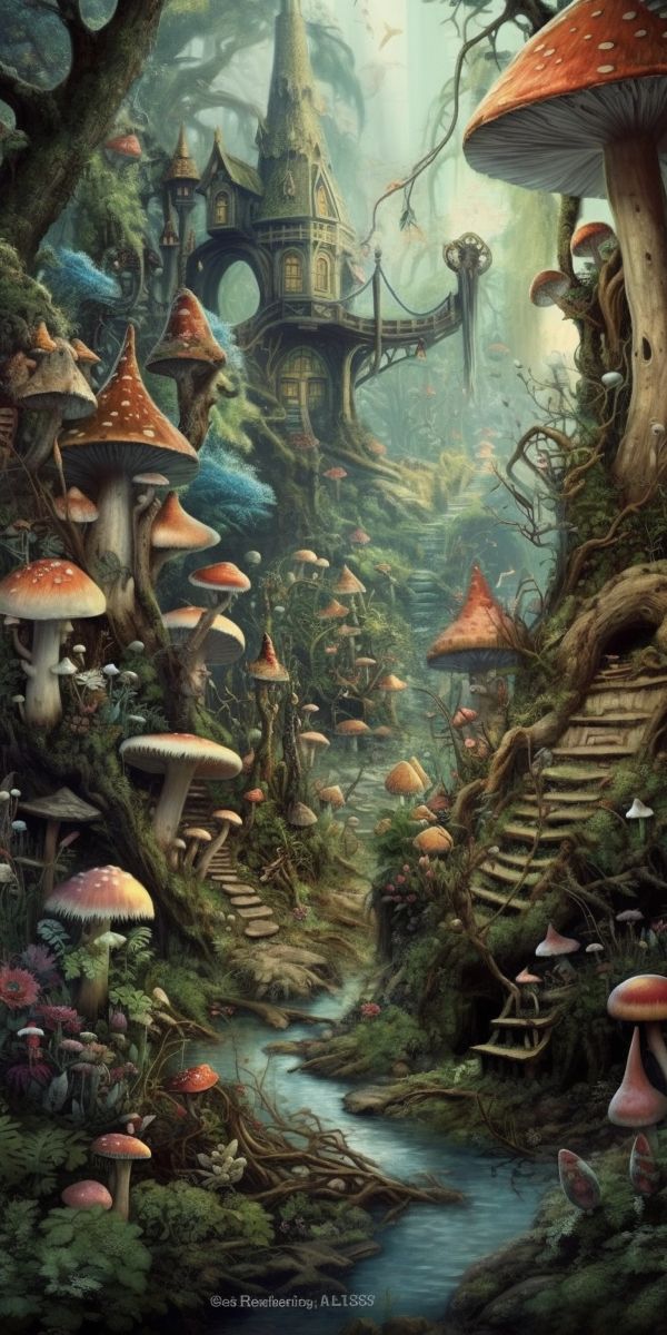 a fantasy forest with lots of mushrooms and trees