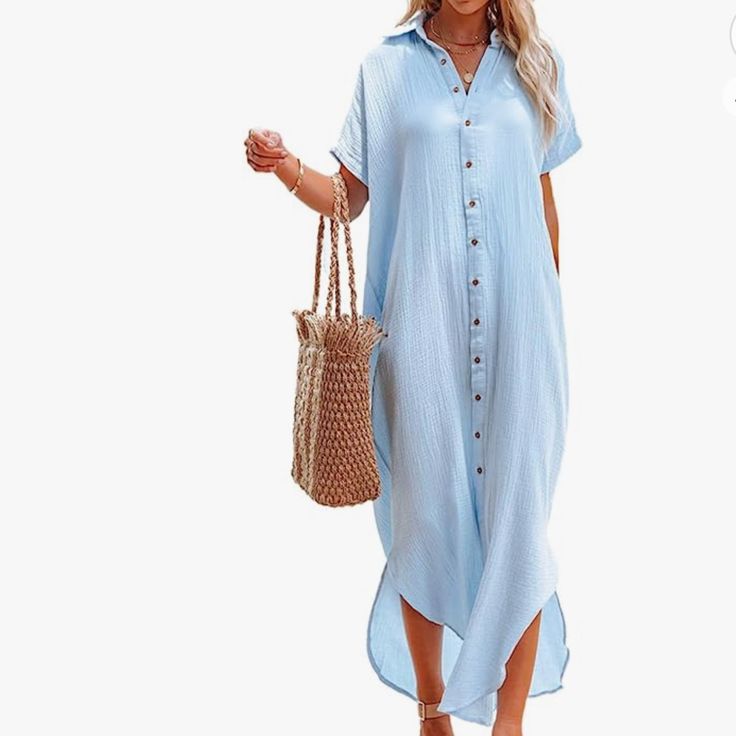 Xxl Sky Blue Beautiful Light Dress! Never Worn Out, Only Tried On! So Soft! Perfect For Beach, Brunch And Beyond! Casual Solid Color Beach Dress Cover-up, Solid Color Casual Beach Dress For Spring, Casual Solid Beach Dress For Spring, Spring Beach Button-up Shirt Dress, Casual Button-up Dress For Beach Season, Casual Button-up Beach Season Dress, Spring Beach Shirt Dress With Buttons, Summer Beach Dress With Buttons, Summer Button-up Maxi Dress For Beach