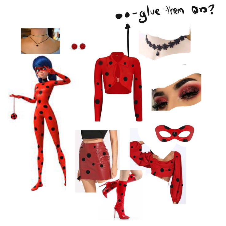 a woman in red and black is dressed up as a ladybug with her hands on her hips