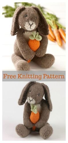 two pictures of stuffed animals with carrots in the background and text overlay that says free knitting pattern