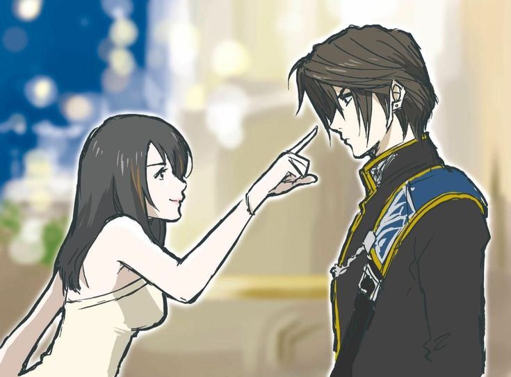 a drawing of a man and woman pointing at each other's finger, with the background blurry