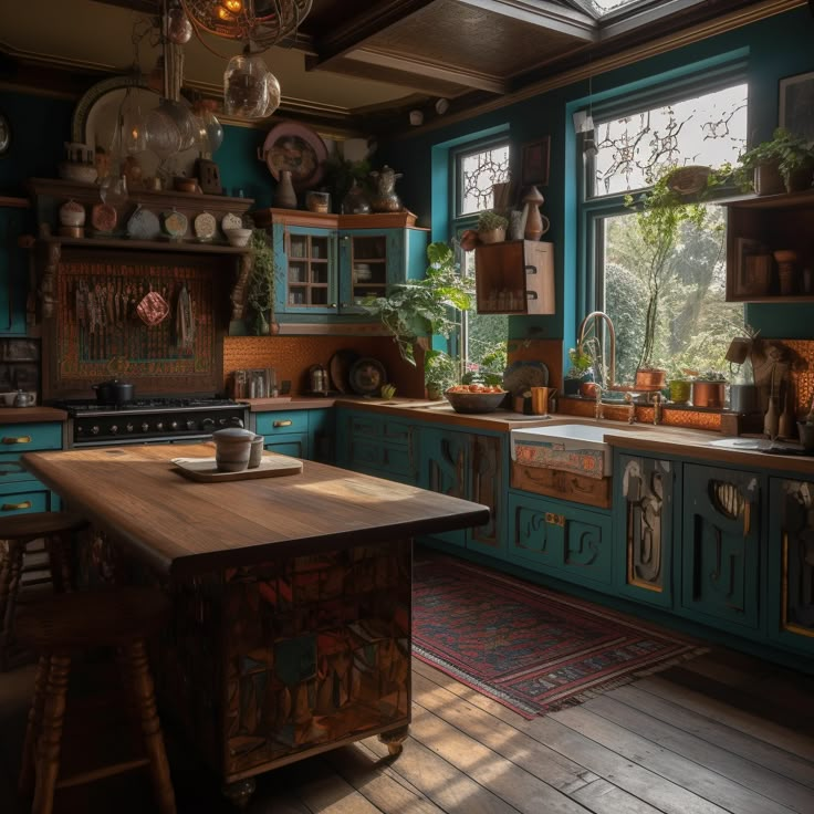 an old fashioned kitchen with blue cabinets and wood flooring is pictured in this image