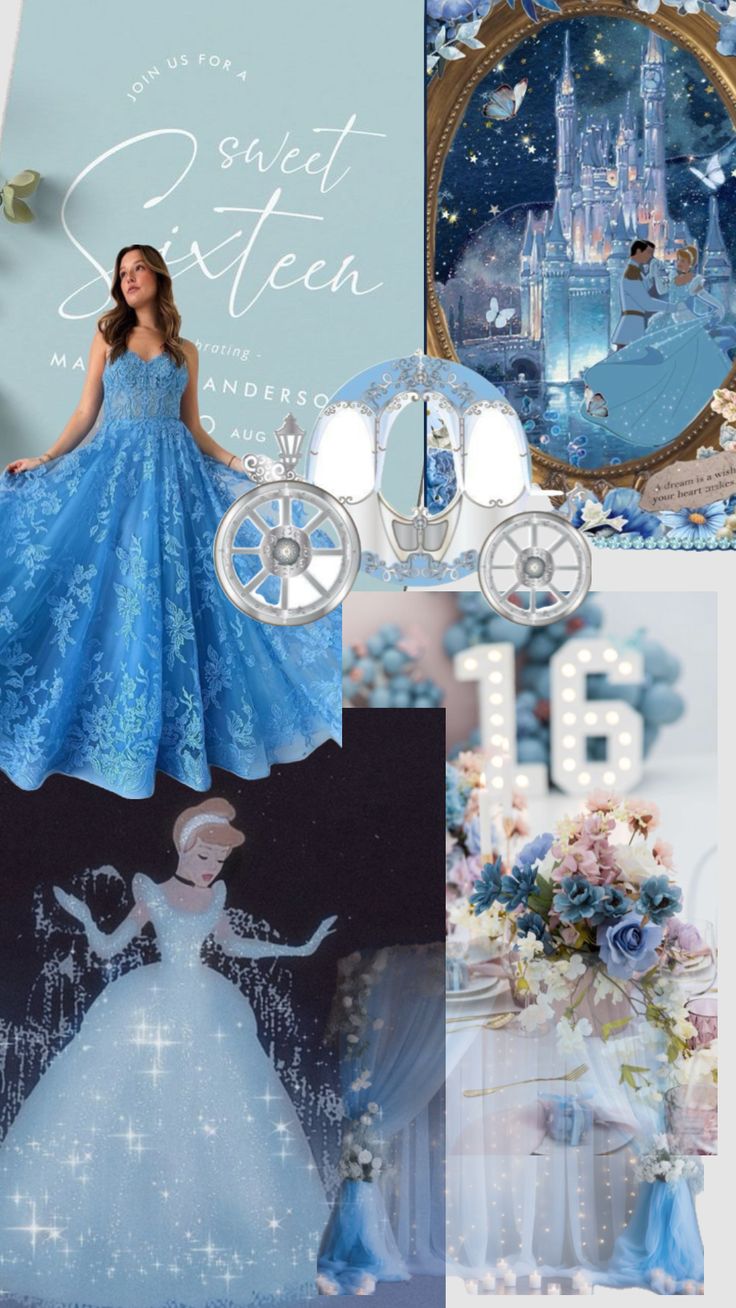 there is a collage of pictures with blue and white decorations in the background, including a princess's dress