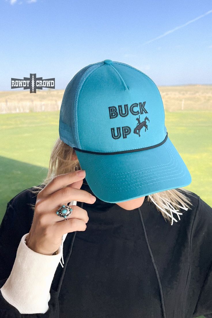 Upgrade your wardrobe with our beautiful teal Buck Up Cap! Featuring an embroidered design, this cap is the perfect addition to your collection. Show off your style and add some positive vibes to your outfit with our Buck Up Cap. One size. Snapback. Casual Turquoise Cap Hat, Casual Turquoise Cap, Horse Hair Pottery, Swimsuit Jewelry, Dresses Western, Comfort Gifts, Western Graphic Tees, Belt Top, Essential Dress