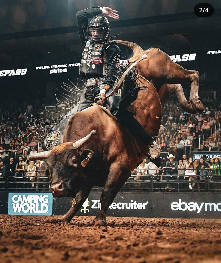 a man riding on the back of a brown bull in an arena at a rodeo