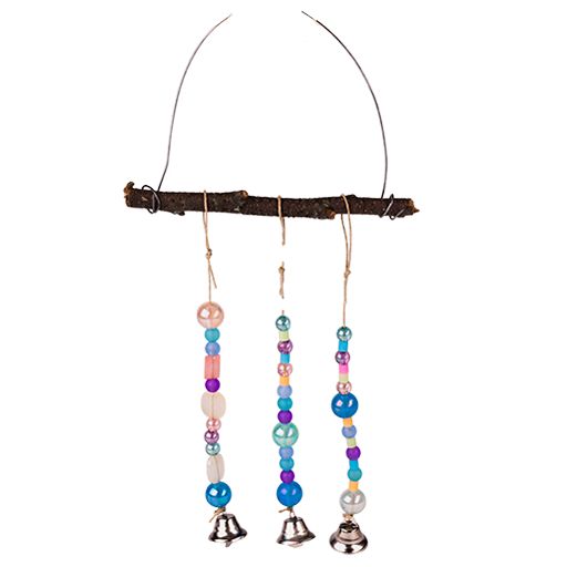 a wind chime with beads and bells hanging from it