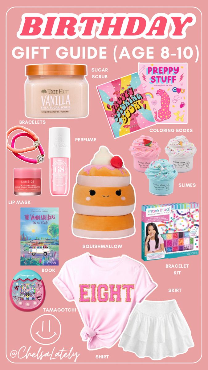 the birthday gift guide age 8 - 10 is on display in front of a pink background