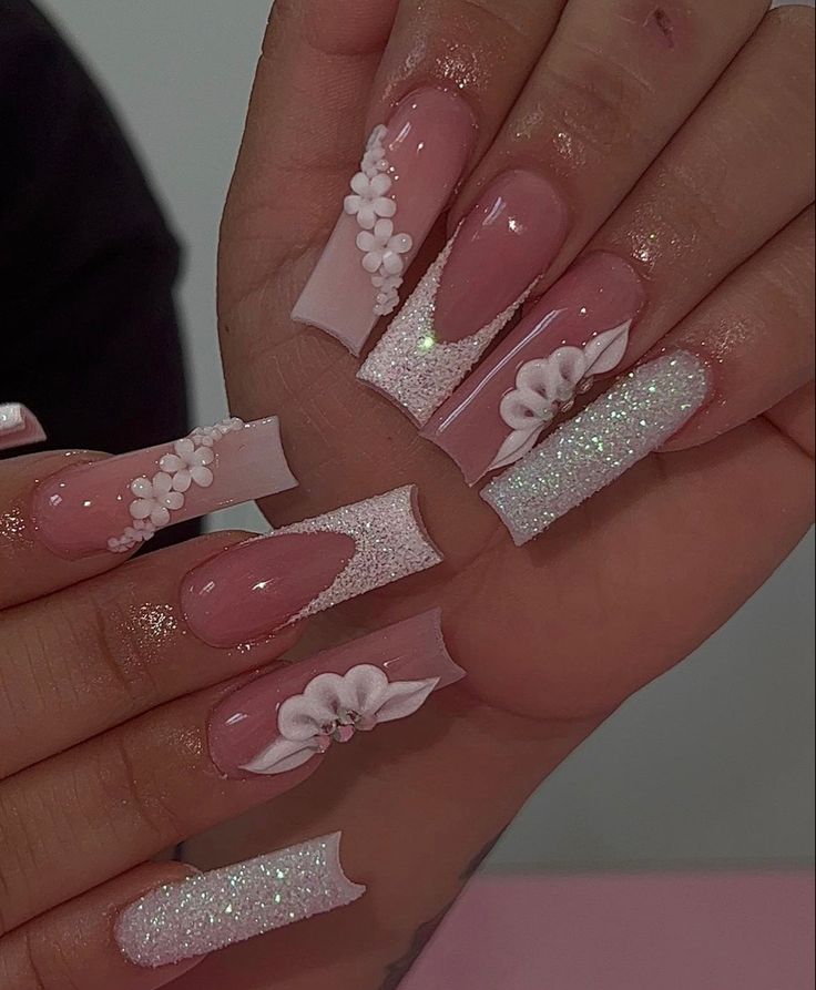 Nails To Go With Pink Prom Dress, White Extra Birthday Nails, 16 Birthday Nails, White Baddie Nails, May Nail Designs, Baddie Nails Acrylic, 15 Nails, Simple Nail Design, Nail Art Designs At Home