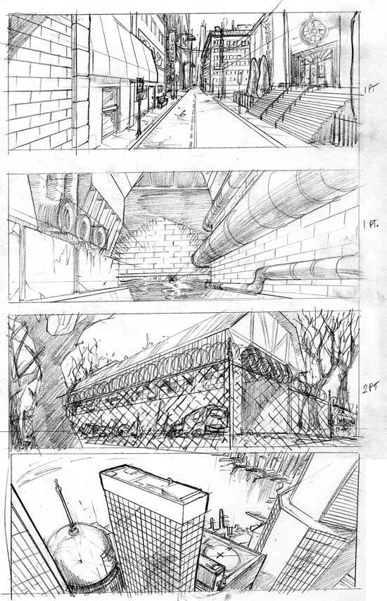 three different views of the same building and its surroundings, with one drawing in black and white