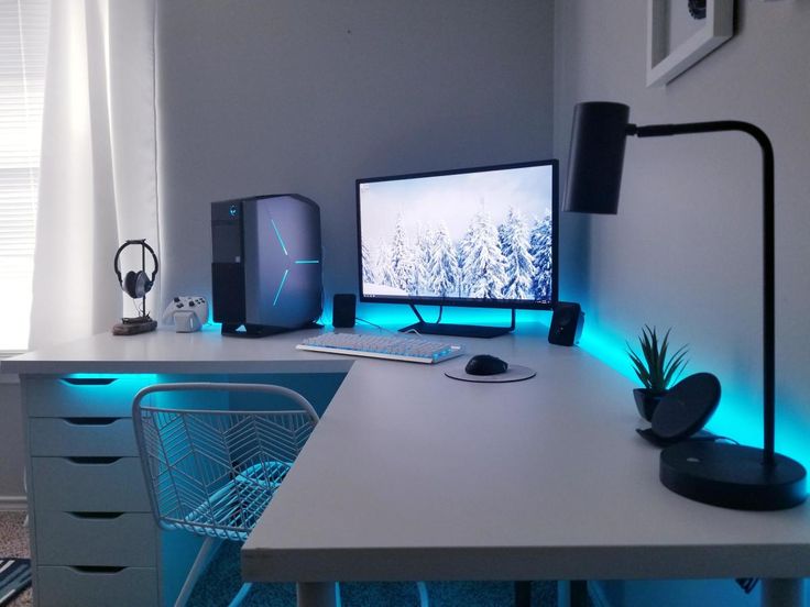 a desk with a computer monitor, keyboard and mouse next to a plant on it