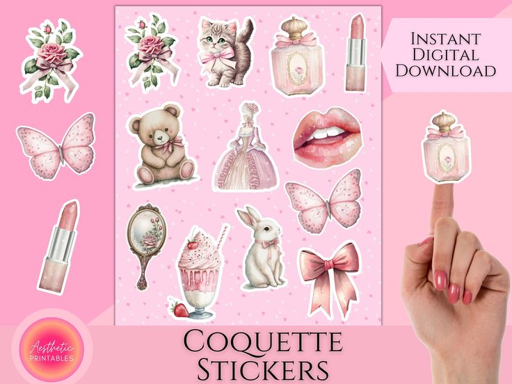 Coquette Stickers, Printable Stickers Sheet, Aesthetic Stickers, Vintage Sticker Sheet, Goodnotes Stickers, Diary Stickers, Dollette by AestheticPrintables1 on Etsy Stickers Printable Tumblr Vintage, Coquette Stickers Printable, Printable Stickers Sheet, Aesthetic Stickers Vintage, Coquette Music, Sheet Aesthetic, Coquette Stickers, Aesthetic Clipart, Diary Stickers