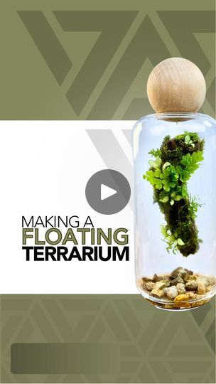 a glass jar filled with plants and rocks under a wooden top that says making a floating terrarium