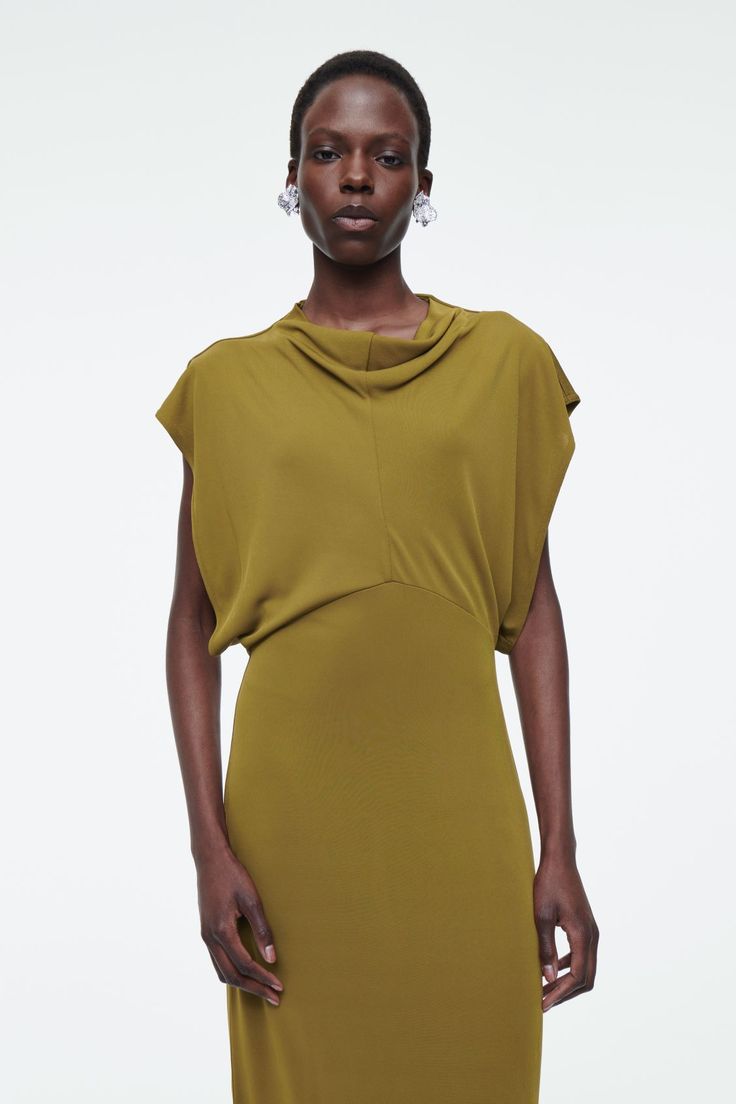 DRAPED COWL-NECK MIDI DRESS - KHAKI GREEN - COS Draped Maxi Dress With Draped Sleeves, Chic Cowl Back Maxi Dress For Night Out, Pre-draped Evening Dress With Cowl Back, Summer Ruched Cowl Neck Dress, Formal Spring Maxi Dress With Cowl Back, Formal Cowl Back Maxi Dress For Spring, Fitted Draped Dress With Gathered Neckline, Pre-draped Draped Dress For Night Out, Chic Summer Maxi Dress With Cowl Neck