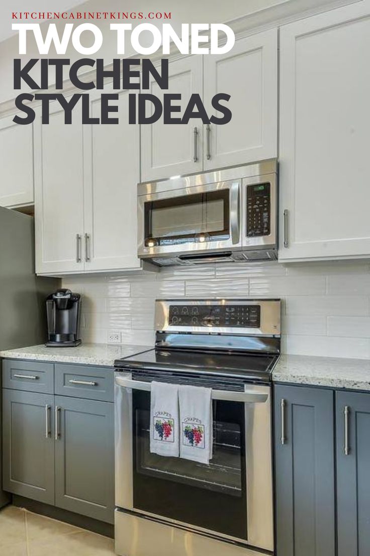 a kitchen with stainless steel appliances and white cabinets is featured in the magazine two toned kitchen style ideas