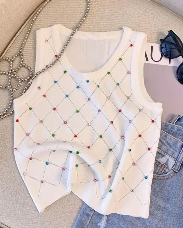 Colorful Rhinestone Knitted Tank Top Casual Crew Neck Sleeveless Tank Top For Summer  Women's Clothing Crop Top Camis.. ONE SiZE ... Summer Crop Tops, Top For Summer, Cami Crop Top, Casual Tank Tops, Knitted Tank Top, Tankini Top, Cami Tanks, Knit Tanks, Sleeveless Tank Top