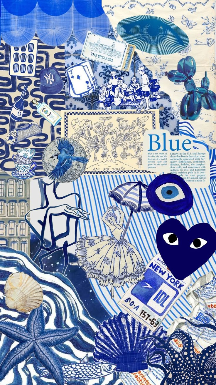 a collage of blue and white images