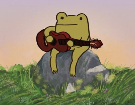 a cartoon bear playing a guitar on top of a rock with grass and rocks in the background