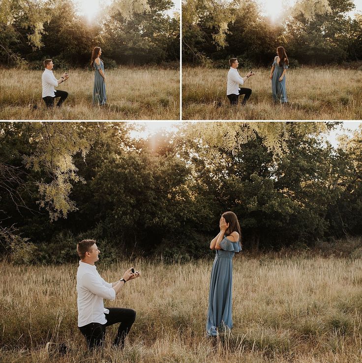 a man kneeling down next to a woman in a field