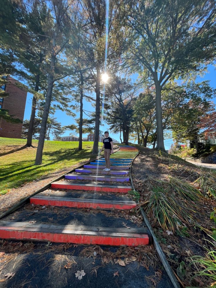 a person is walking down some colorful steps in the park with trees and grass on both sides