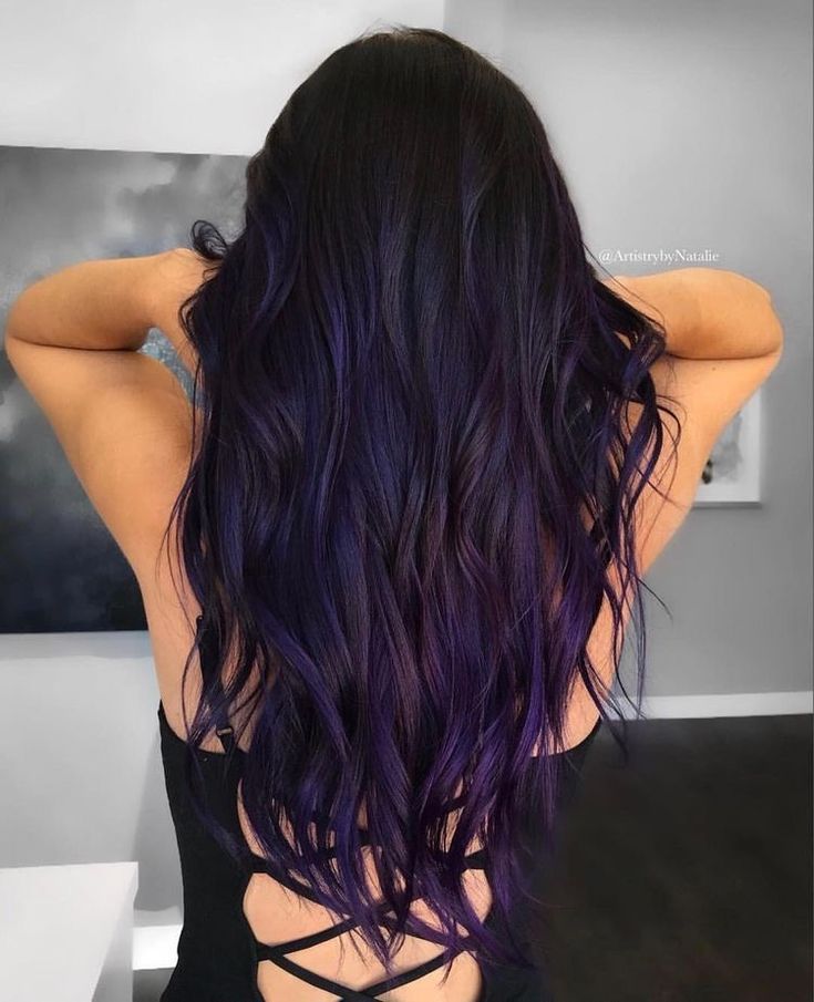 Purple Color On Black Hair, Streaks Of Blue In Hair, Fun Black Hair Color Ideas, Dark Brown Hair With Pop Of Color, Dark Fun Hair Color Ideas, Purple Hair On Black Hair, Dark Brown And Purple Hair Balayage, Hair Color Ideas For Dark Hair Balayage, Dark And Purple Hair