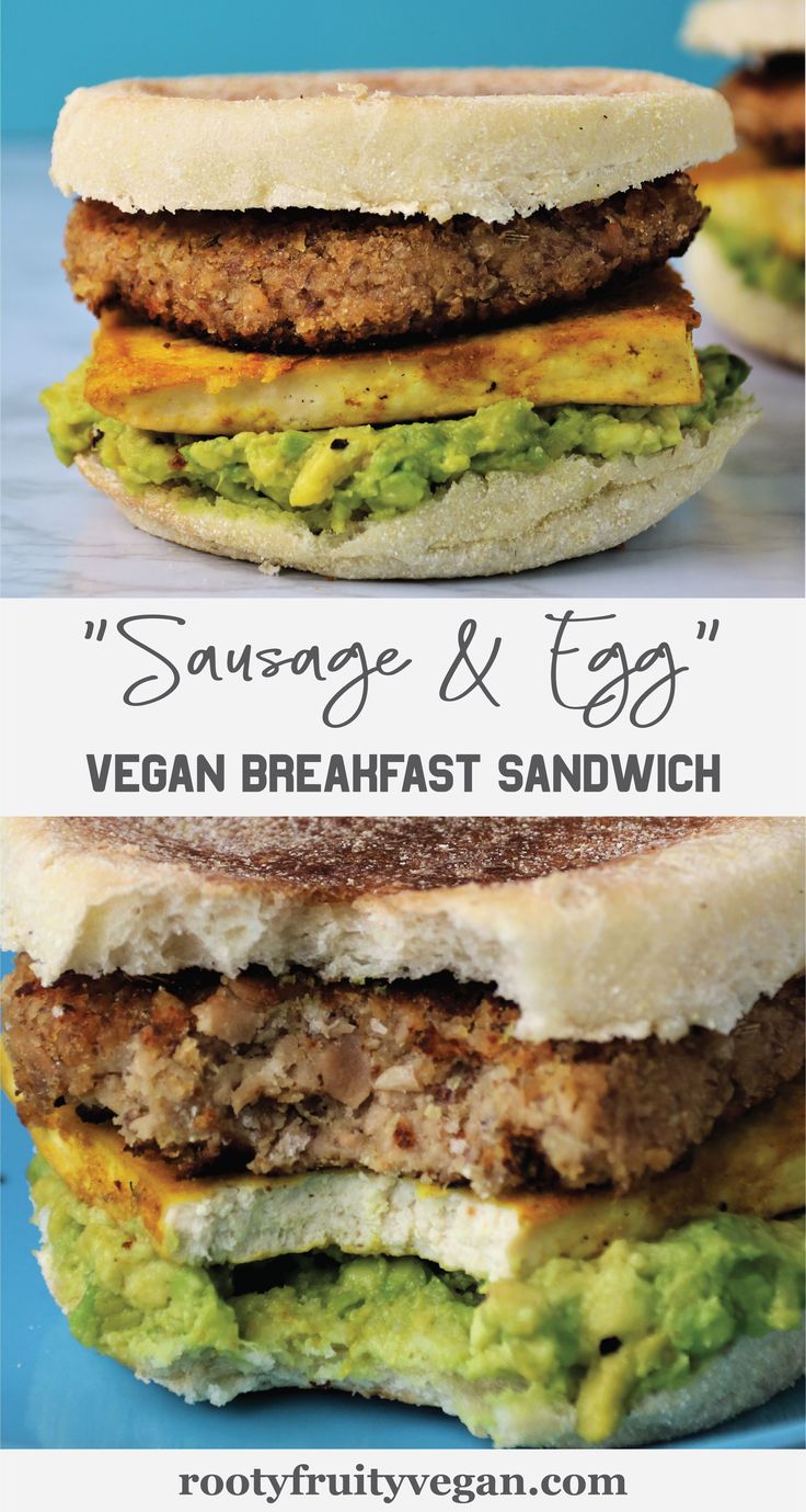 two sandwiches are stacked on top of each other with the words, sausage and egg vegan breakfast sandwich