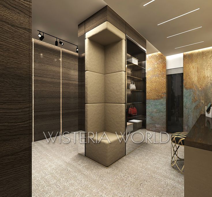 the interior of a modern bathroom with brown walls and flooring is shown in this rendering