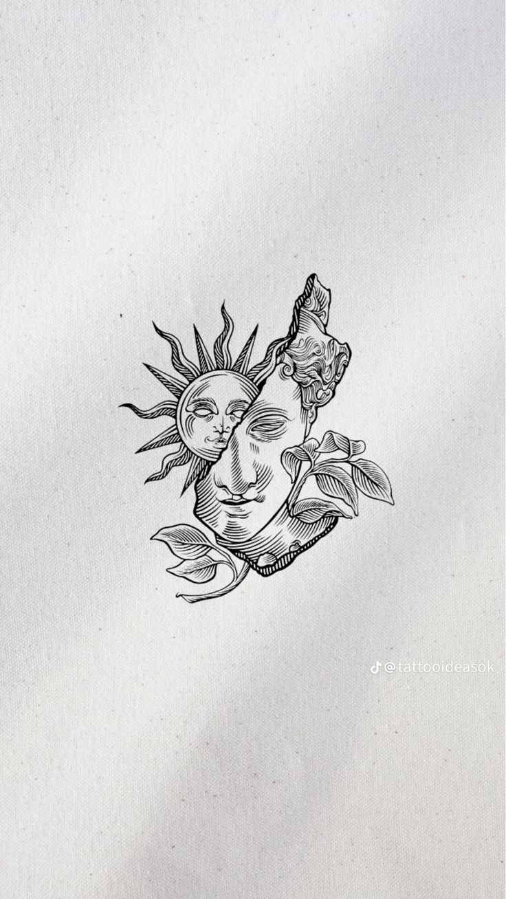 a drawing of a sun with leaves on it's side and the face of a woman