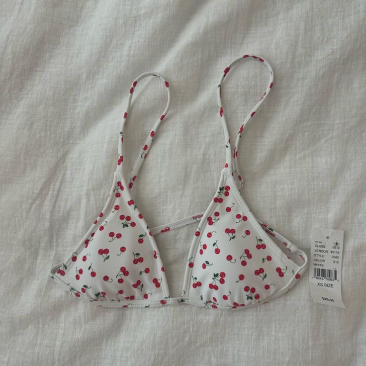 Pacsun Triangle Bikini Top With Pads, White With Cherry Print, Never Worn, Cute But Too Small For Me Cute Printed Swimwear For Beach Season, Cute Printed Swimwear For Poolside, Cute Printed Swimwear For Vacation, Cute Printed Swimwear For Spring, Cute Printed Swimwear For Pool, Cute Printed Swimwear For The Pool, Summer Swimwear With Triangle Top, Cute Swimwear For Sunbathing, Cute Summer Swimwear For Sunbathing