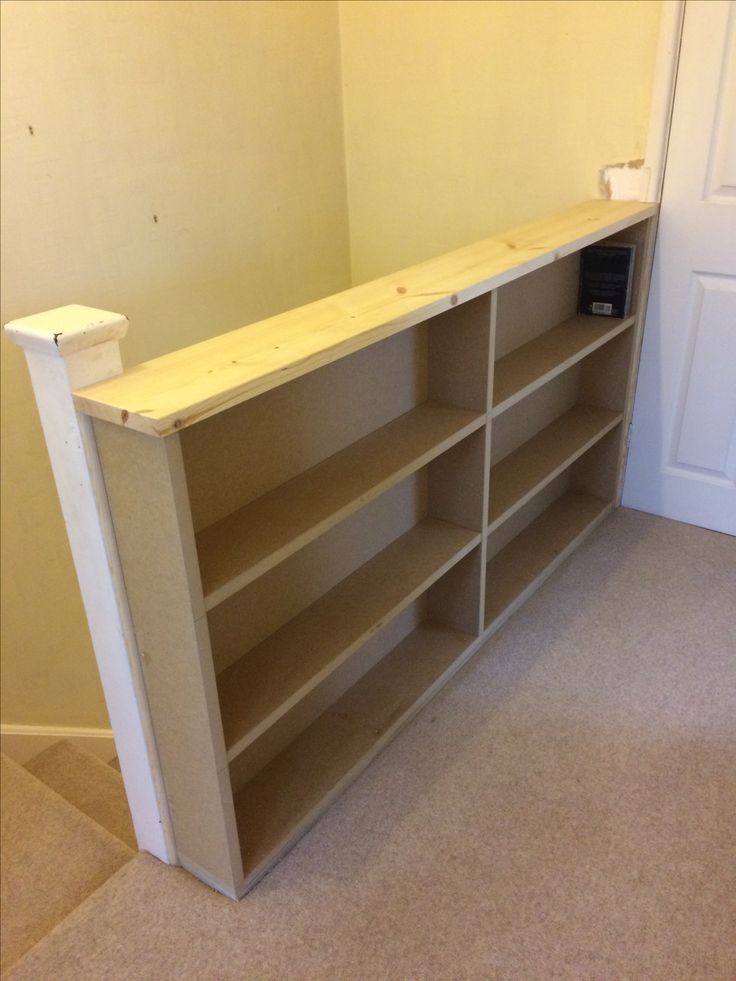 an empty book shelf in the corner of a room