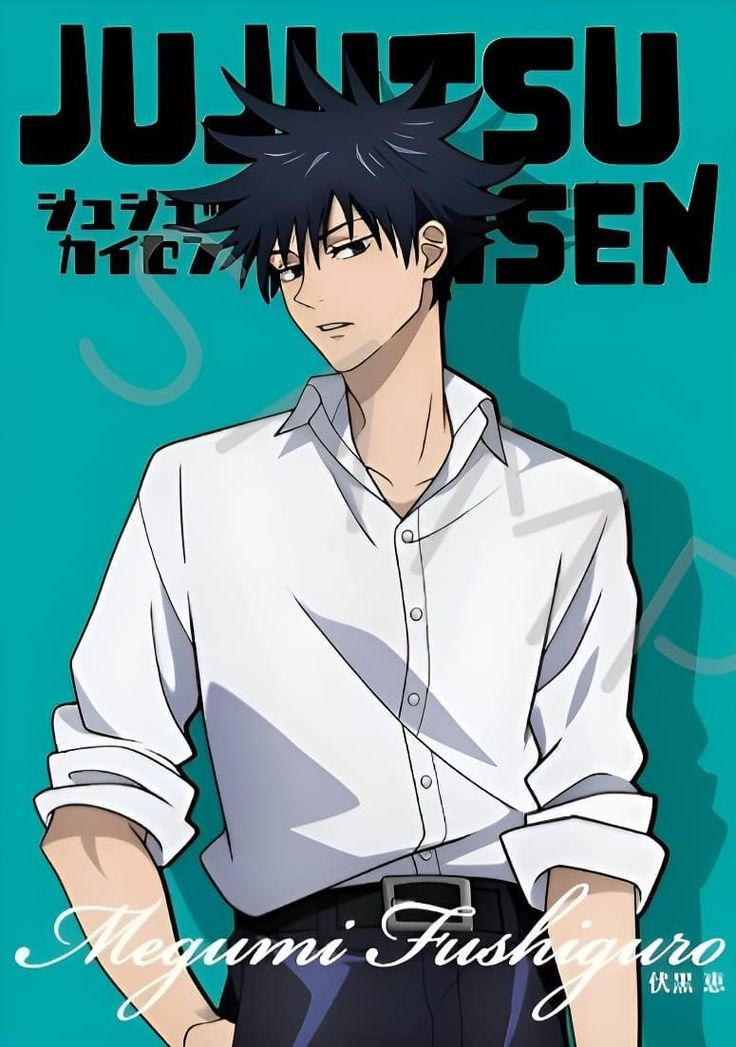 an anime character with black hair wearing a white shirt and dark pants, standing in front of a blue background