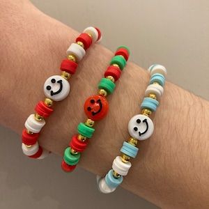 Clay Bead Necklace, Clay Bracelet, Christmas Bracelet, Flower Bracelet, Flower Charm, Clay Beads, Smiley Face, Gold Beads, Handmade Bracelets