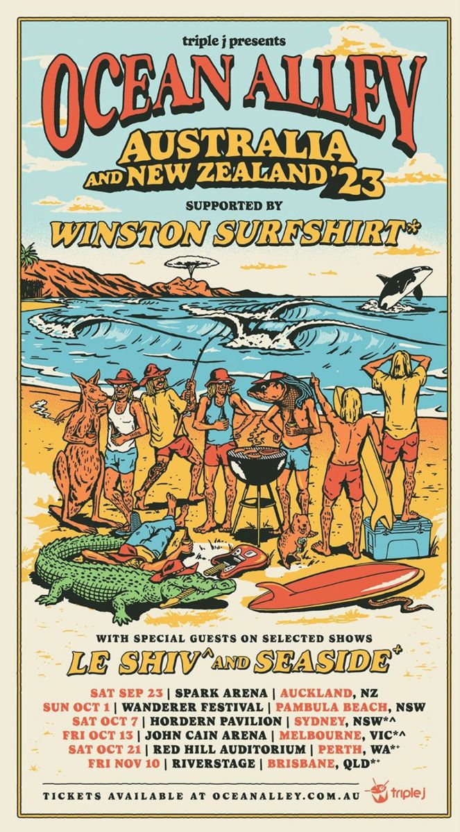 an old poster for the ocean alley australia and new zealand show, featuring men on surfboards