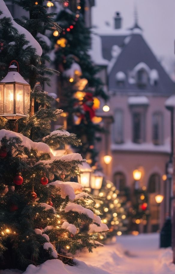 a christmas tree in the middle of a snowy street with lights on and buildings behind it